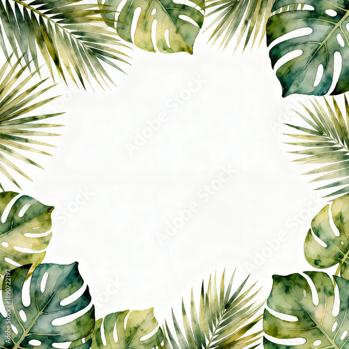 Tropical Green Leaves Frame on White Background