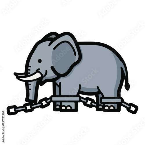 A cartoon elephant chained