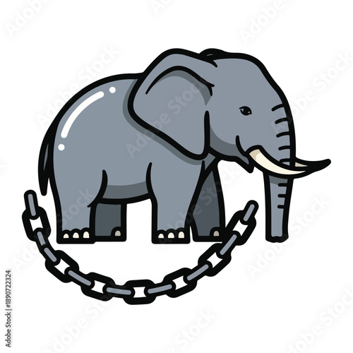 A cartoon elephant with a chain around its feet