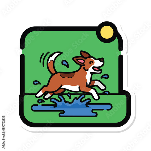 A cartoon dog jumps through a puddle on a green background