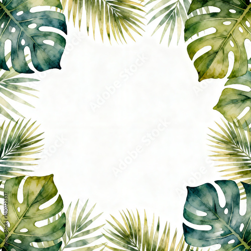 Tropical Green Leaves Frame on White Background