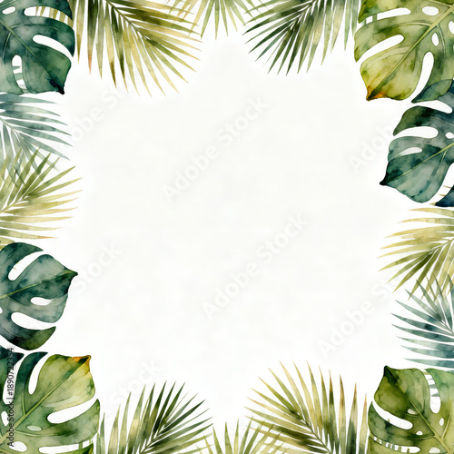 Tropical Green Leaves Frame on White Background