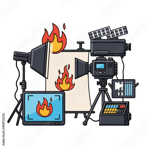 A cartoon film set with a burning backdrop and equipment