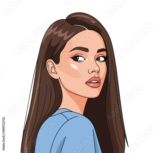 A cartoon drawing of a woman with long brown hair