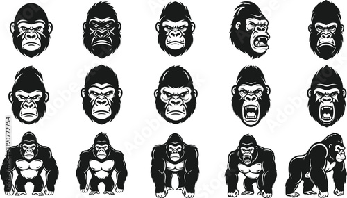 Aggressive Gorilla Mascot Logo Set Vector Powerful Silverback Ape Head Collection Angry Primate Symbols for Sports Team Branding and Badges