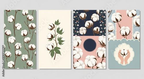 cotton patterns and floral branches, delicate botanical illustrations perfect for fabric design, cards, and branding