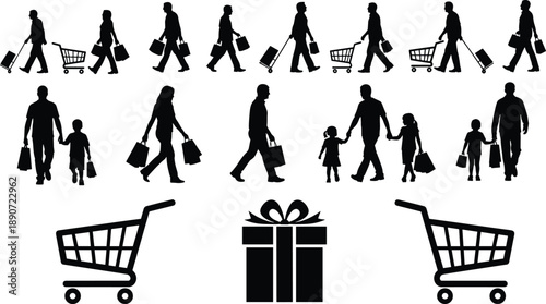Black silhouettes of people shopping with bags carts and luggage gift box icon set for retail sale and holiday commerce