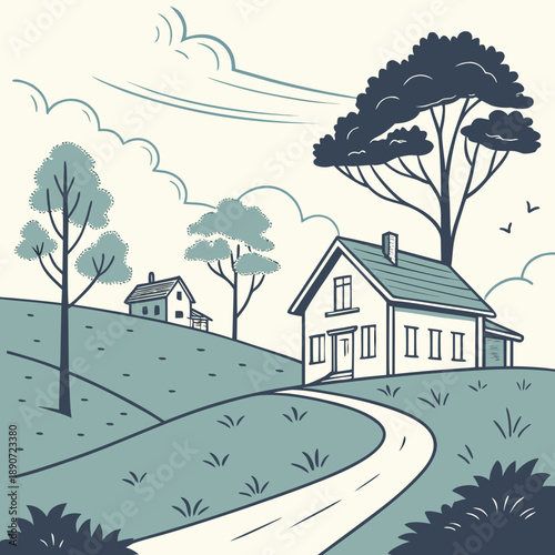 Winding road through countryside homes