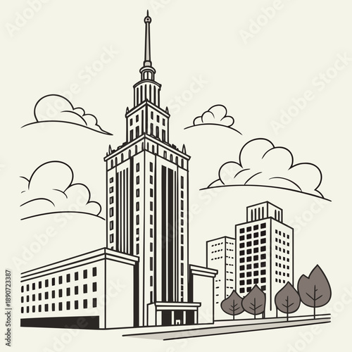 Illustrated cityscape with tall building
