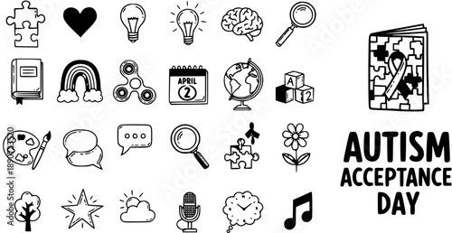 Autism Acceptance Day hand-drawn black and white line art doodle icon set with symbols for neurodiversity, awareness, and special needs education.