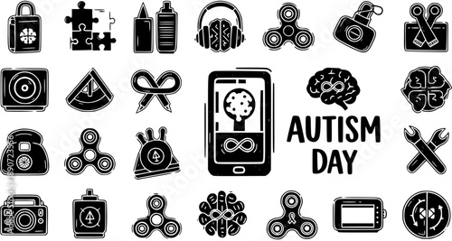 Black and white glyph vector icon set for Autism Awareness Day, neurodiversity, mental health support, sensory processing, and inclusivity.