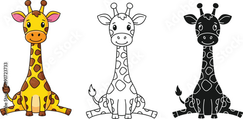 Cute cartoon giraffe character set in three styles including full color line art and black silhouette vector for kids design