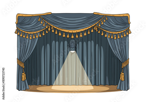 A classic blue curtain with golden tassels tied back, evoking elegance and sophistication, perfect for theater or formal events.