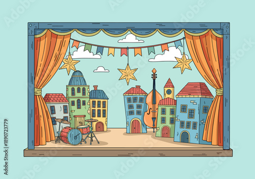 Illustration of colorful curtains on a stage with a playful mood, suitable for theater or performance themes.
