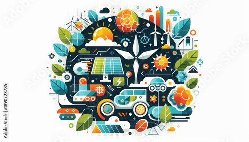 Sustainable Energy Icons and Symbols Illustration.