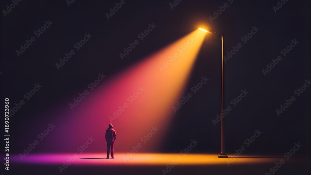 Fototapeta premium Person standing in a dramatic spotlight of warm light and color