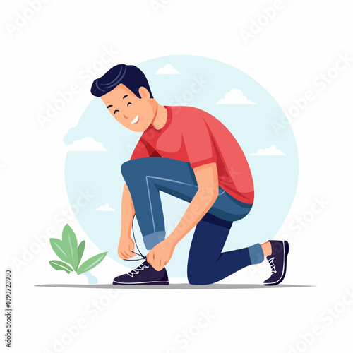 Man kneeling down to tie his shoelaces outdoors.