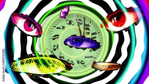 Several color changing animated eyeballs, opening and closing, set against a psychedelic black and white swirl background. With a flashing lightning bolt, and melting clock.