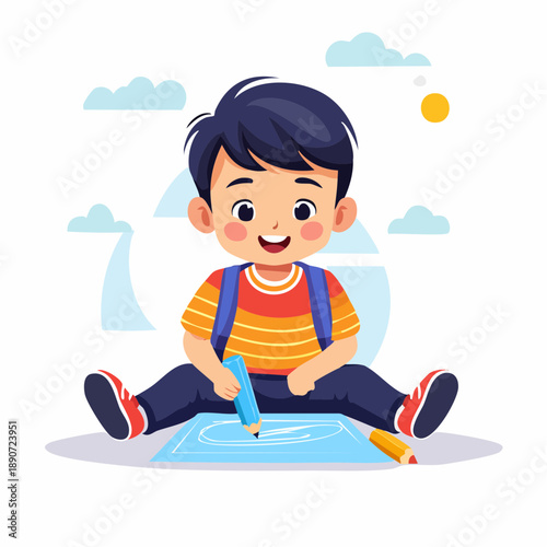 Cartoon Boy Drawing with Colored Pencils.