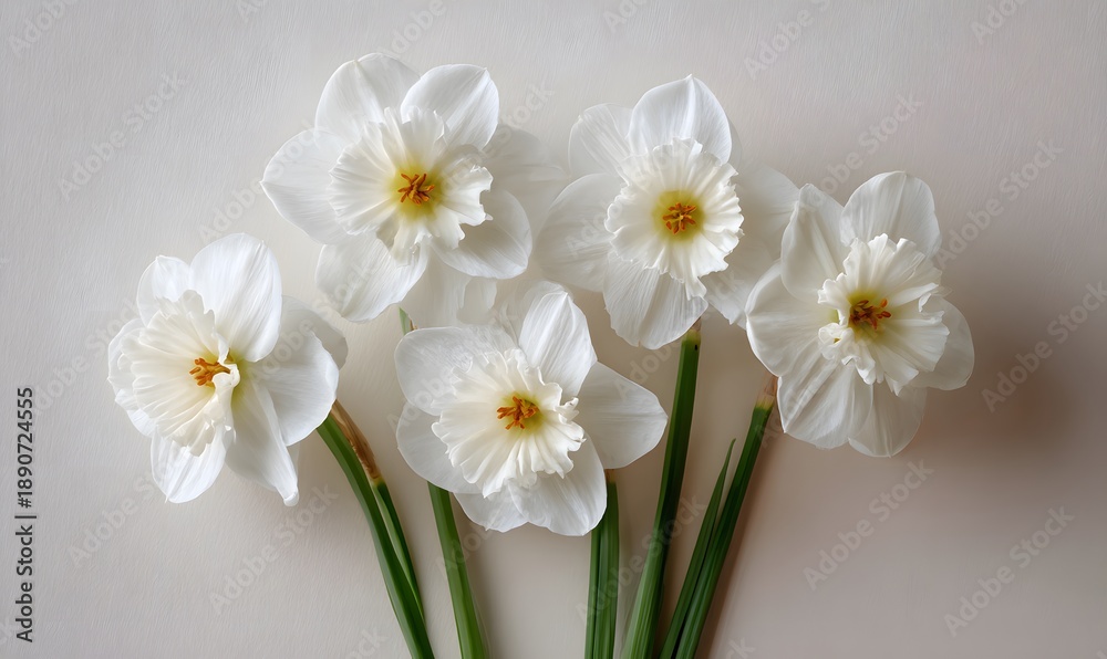 Obraz premium Five elegant, simple heads of classic white daffodils with golden centers on a light background