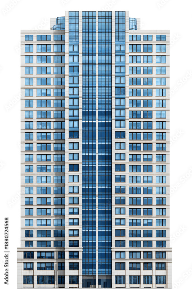Obraz premium Tall Modern Beige Building with Blue Glass Windows Isolated on Transparent Background