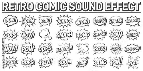 Retro Comic Sound Effect Collection, Comic Book Sound Effects Vector Set, Black and white comic book sound effect bubbles and text, POW!, BOOM, SMASH, and BANG