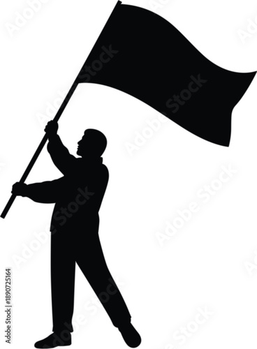 Black silhouette of a person standing firmly and holding a large waving flag with both hands isolated on white background