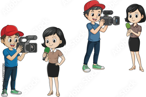 Cartoon news reporter and cameraman characters filming a broadcast interview with professional video camera and microphone illustration