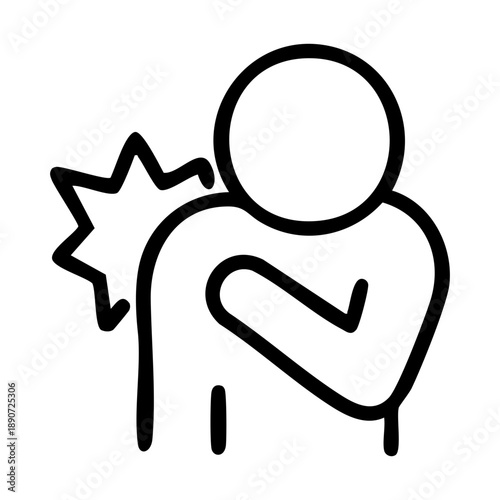 Outline style represents shoulder pain of musculoskeletal distress through medical iconography. Related to patient intake forms, clinical signage, digital health applications used for symptom tracking