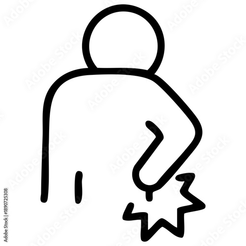 Outline style for lower back pain focuses on posterior trunk distress through medical iconography. Related to disc herniation, mechanical back pain for medical intake forms, ergonomic safety posters