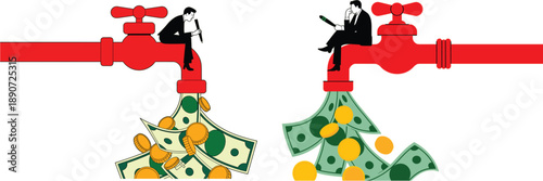 Conceptual illustration of cash flow featuring businessmen sitting on red water faucets with money pouring out like water