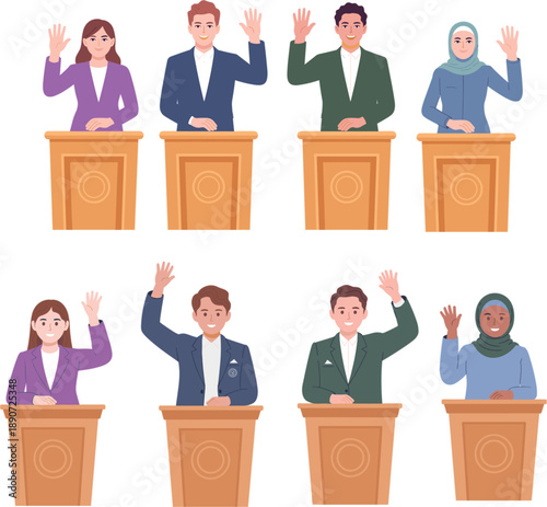 Diverse group of professional people standing at wooden podiums raising hands for voting or participation set of flat vector character illustrations