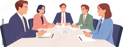 Group of professional business people sitting at a desk and having a meeting for corporate teamwork brainstorming and strategic planning flat vector illustration