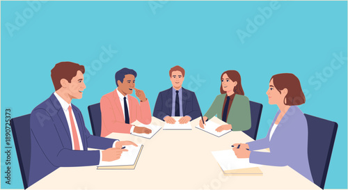 Group of diverse professional business people sitting at a desk and having a meeting for corporate teamwork brainstorming and strategic planning flat vector illustration