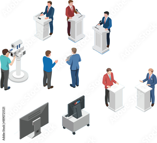 Isometric press conference set with speakers at podiums camera operator and broadcast monitors for news and political debate