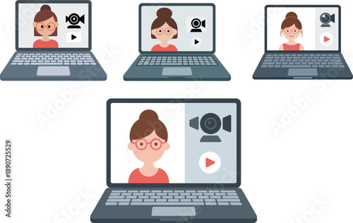 Laptop computer set with woman on screen for video conference online education vlogging and remote webinar business communication