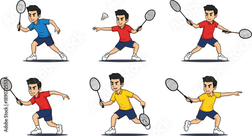 Vector illustration of male badminton players in various action poses including smashing serving and lunging with rackets on white background.