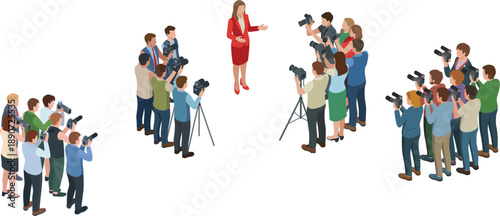 Isometric press conference with female speaker surrounded by crowd of journalists photographers and reporters for news media event