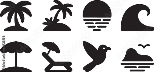 Beach icons set illustration featuring black silhouette symbols of tropical summer elements like palm trees birds fish dolphins ocean and travel nature icons in a clean vector design