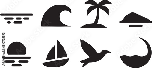 Beach themed vector icon set featuring boats sailboats waves sun and nautical symbols for summer travel design