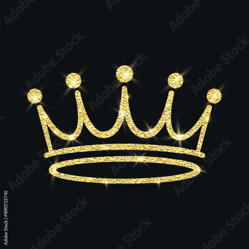 Vector Shining Gold Glitter Crown, Royal Tiara. Luxury Sparkle Emblem on Black. Gold Glitter Crown Icon for Queen and King. Gold Glitter Crown Clipart, Luxury Tiara Logo, Sparkling Jewel