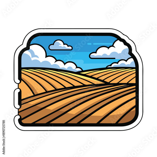 A cartoon landscape of a plowed field under a blue sky