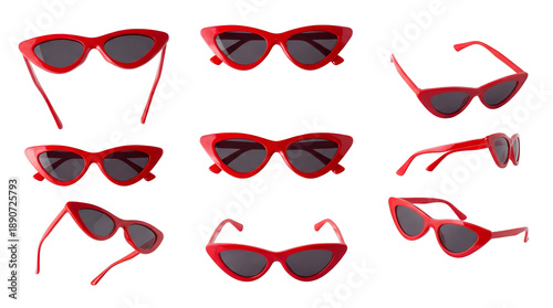 Cuadro en lienzo collection of stylish red cat-eye sunglasses with dark lenses, presented from various angles on a black backdrop for fashion and accessory visuals