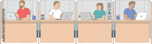 Modern corporate office cubicle vector set featuring professional diverse employees working on laptops at wooden desks with privacy partitions