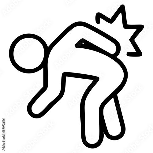 Line icon represents an aching back depicts lower back pain, spinal distress through medical iconography. Related to clinical intake forms, ergonomic safety posters, and physical therapy applications