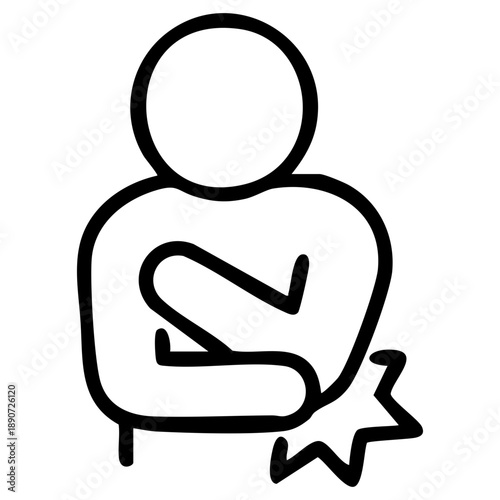 Line icon representing an aching elbow represents joint pain. Related to joint inflammation, injury in medical and wellness contexts ideal for physical therapy apps, first-aid guides, orthopedic forms