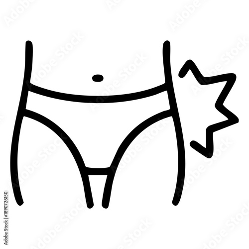 Outline style for hip pain depicts the human pelvic region with a pain spark. Related to specialized musculoskeletal used to indicate inflammation, injury, chronic conditions hitting the pelvic girdle
