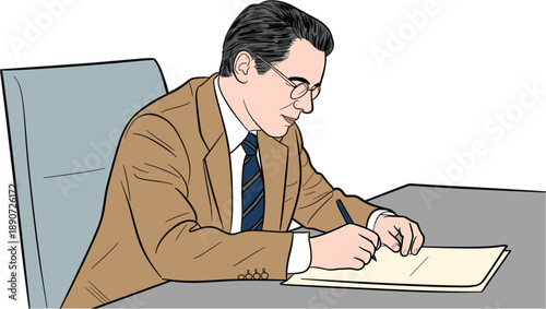 Professional businessman in brown suit and glasses sitting at office desk signing important legal document or contract agreement vector illustration isolated on white background