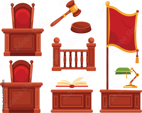 Professional courtroom interior vector elements featuring wooden judge benches, red leather chairs, a legal gavel, and law books
