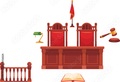 Professional courtroom interior vector set featuring a wooden judge bench, red leather chairs, legal gavel, and law book for justice